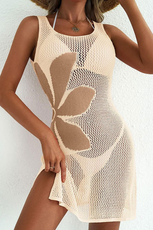 Hollow Out Knit Printed Sleeveless Cover Up