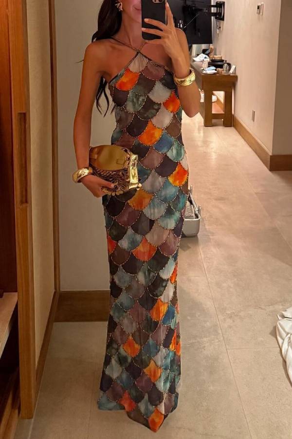 Fish Scale Color-Patchwork Halter Neck Mermaid Maxi Dress