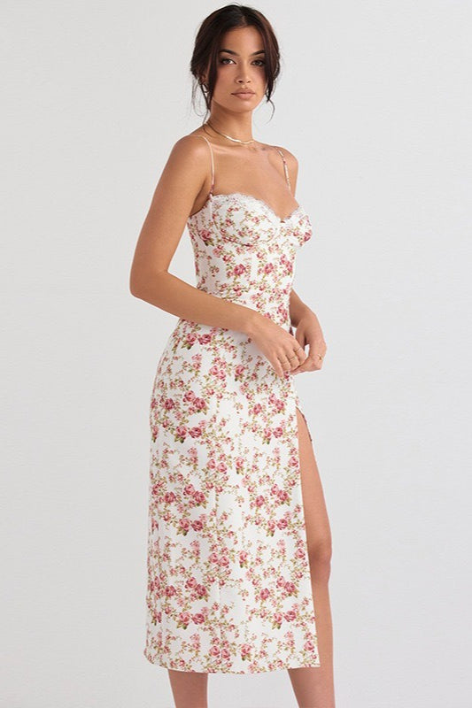 Lace Strap Slit Slim Maxi Floral Dress