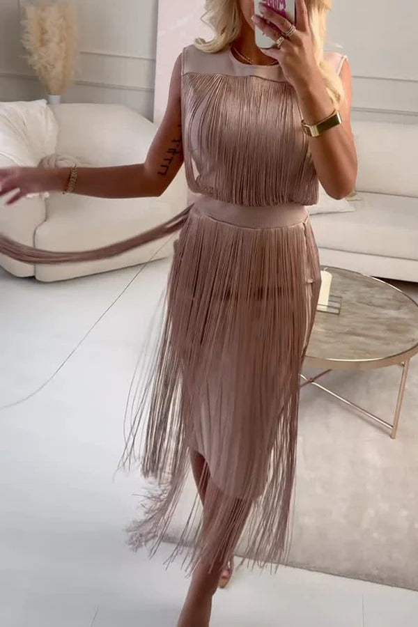 Elegant and Modern Draped Tassel Design Sleeveless Stretch Midi Dress