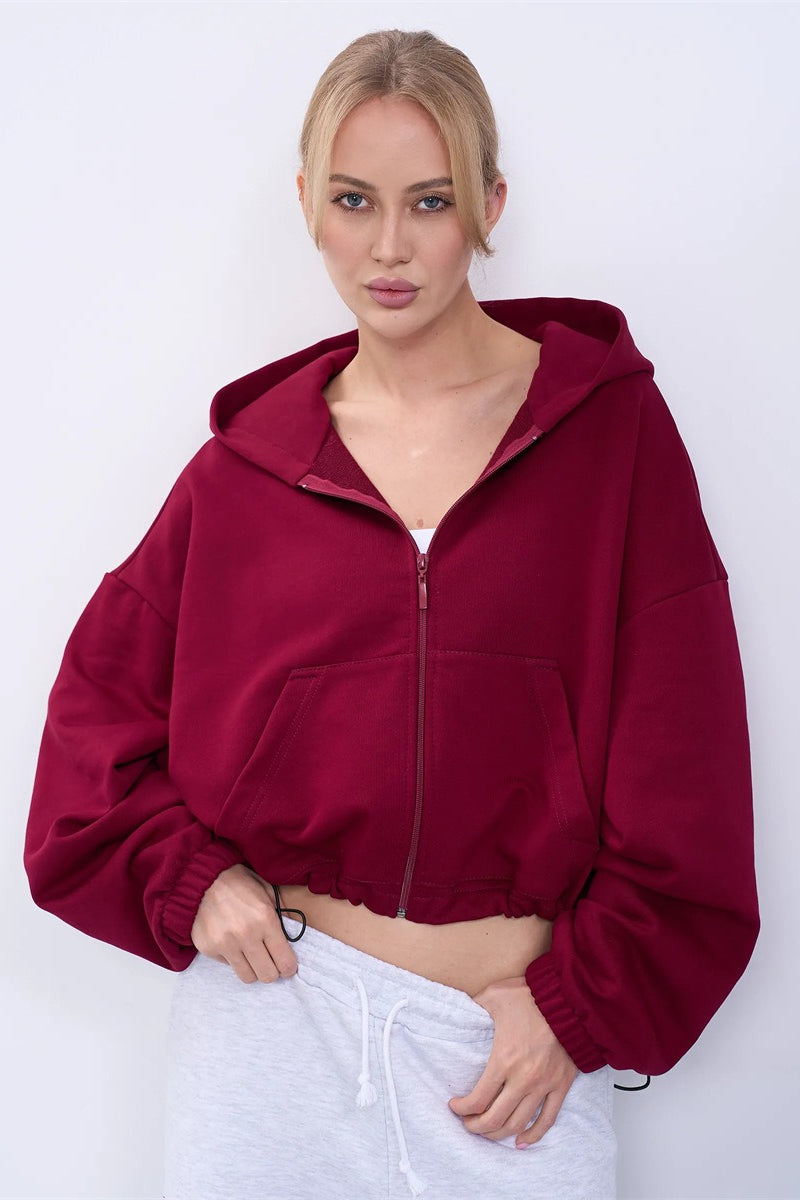 Cropped Fleece Zip Adjustable Waist Hoodie
