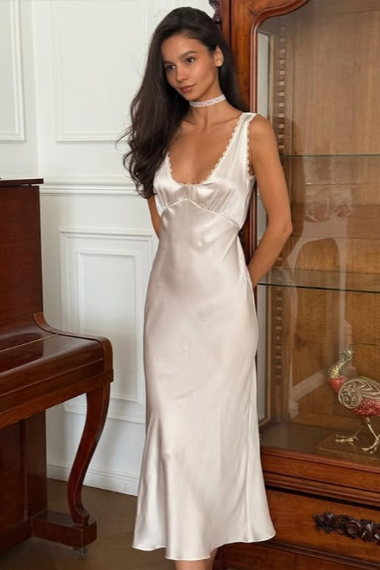 Satin Wide Strap V-Neck Lace Trim Empire Waist Bias Cut Slip Midi Dress