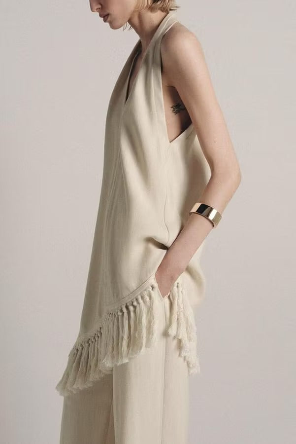 Kortnie Linen Blend Tassel Hem Halter A-line Top and High Rise Pocket Wide Leg Slit Pants Set