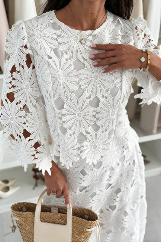 Almina Embroidered Flowers Cutout Bell Sleeve Top and Elastic Waist A-line Midi Skirt Set