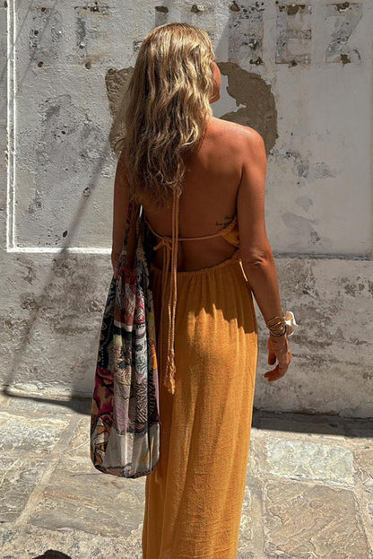 Linen Blend Elastic Waist Halter Backless Pocket Slit Midi Dress