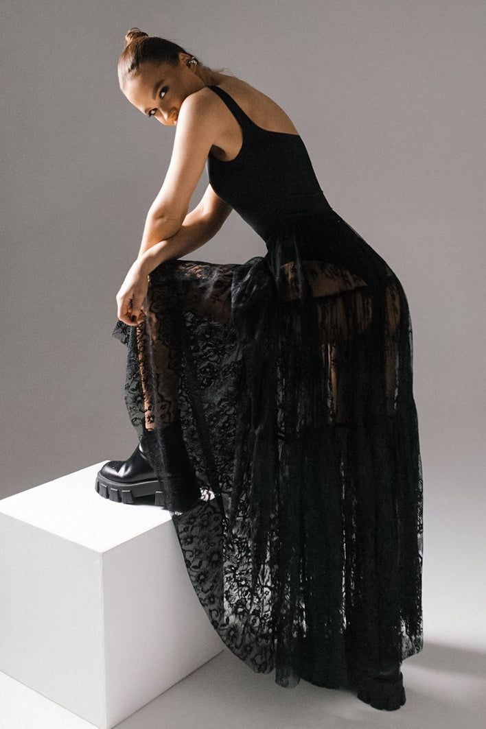 High Waist Black Sexy Lace Sheer Skirt