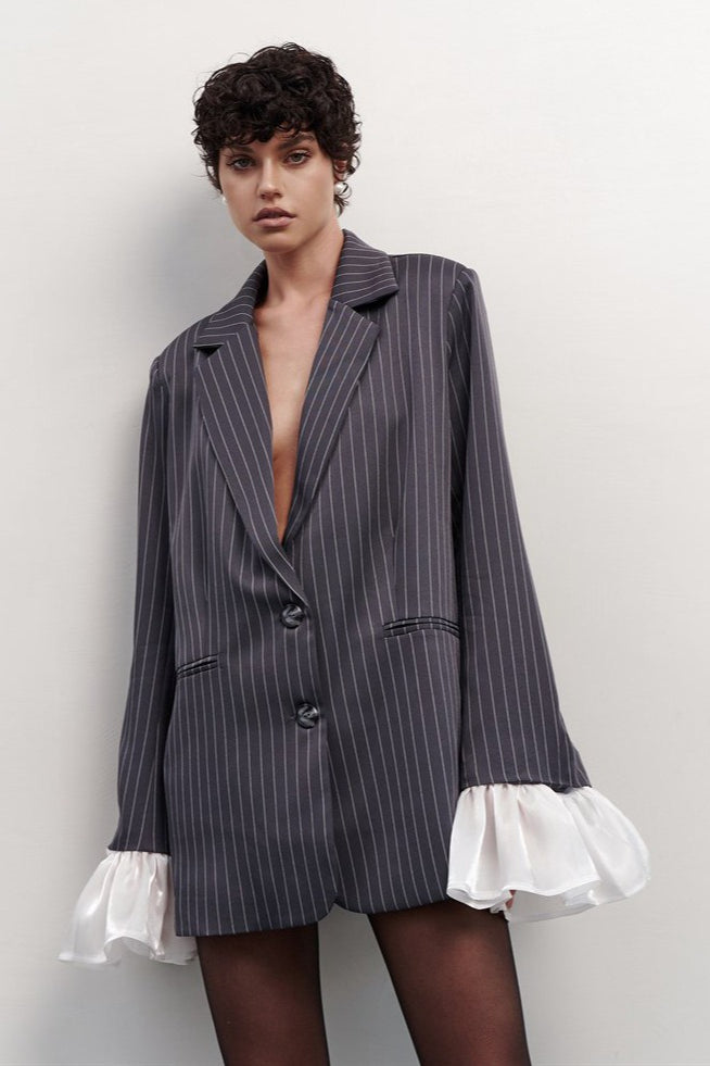 Striped Lace Ruffle Oversized Coat