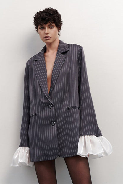 Striped Lace Ruffle Oversized Coat