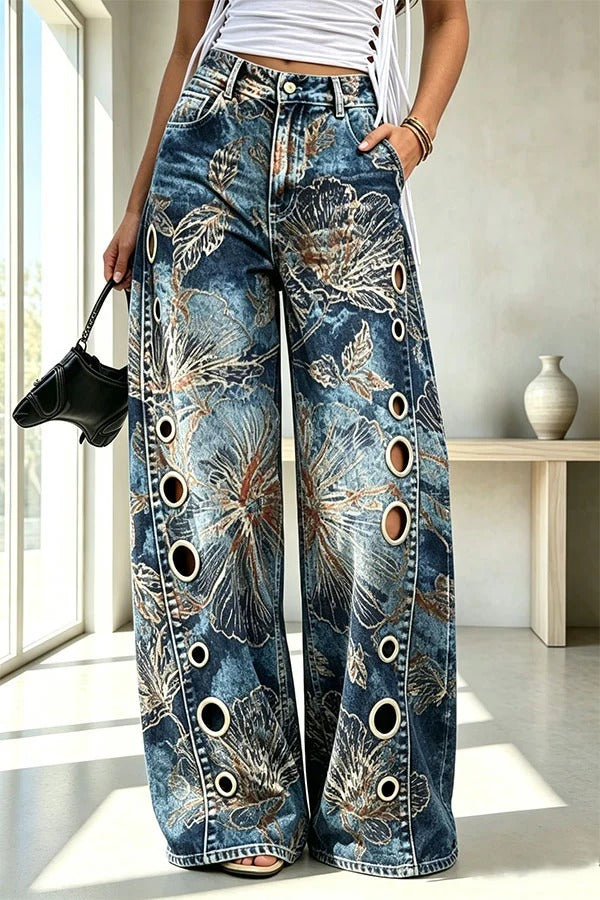 Faux Denim Unique Print Mid Rise Silver Stud Detail Pocket Barrel Pants