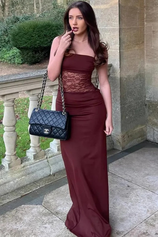 Halter Tie Neck Ruched Bust Floral Lace Panel Satin Maxi Dress