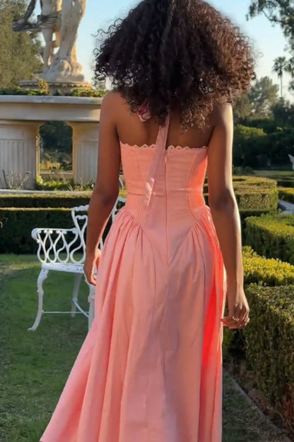 Floral Halter Lace Trim Long Sleeveless Prom Dress