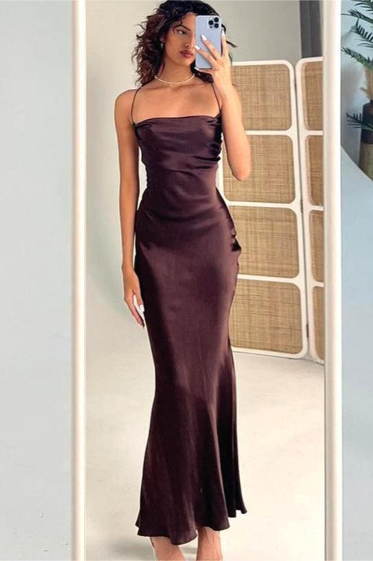 Solid Tie Waist Spaghetti Strap Slim Fit Prom Dress