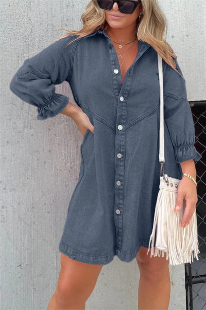 New Washed Denim Puff Sleeve Dress