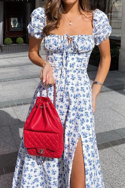 Square Neck Short Sleeve Slit Slim Floral Dress
