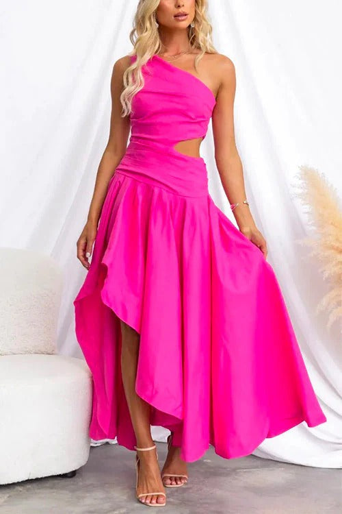 One Shoulder Cut Out High Low Hem Maxi Swing Dress
