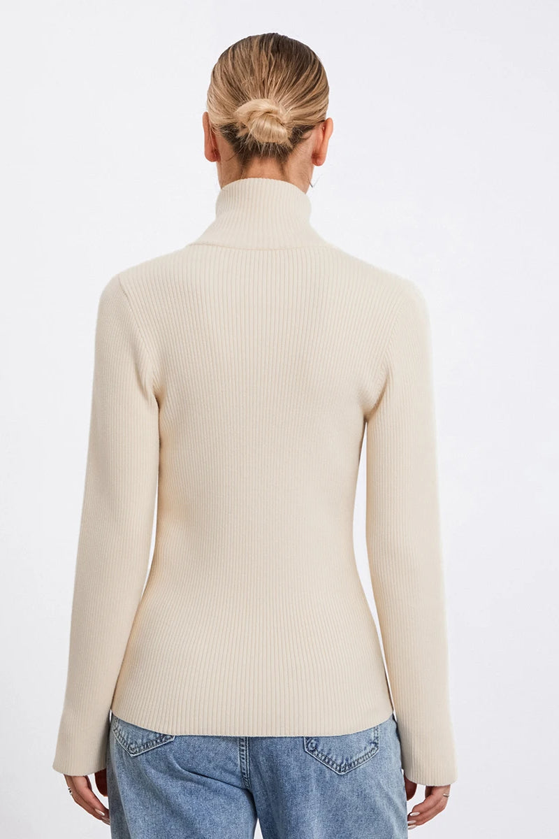 Ribbed Knit Zip-Up Stand Collar Cardigan