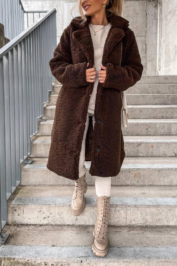 Teddy fleece lapel mid-length coat