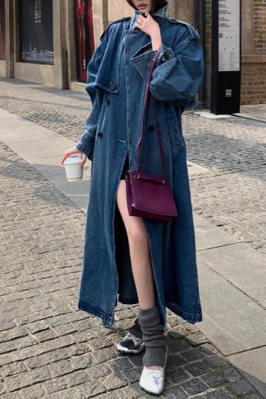 Washed Denim Relaxed Retro Long Overcoat