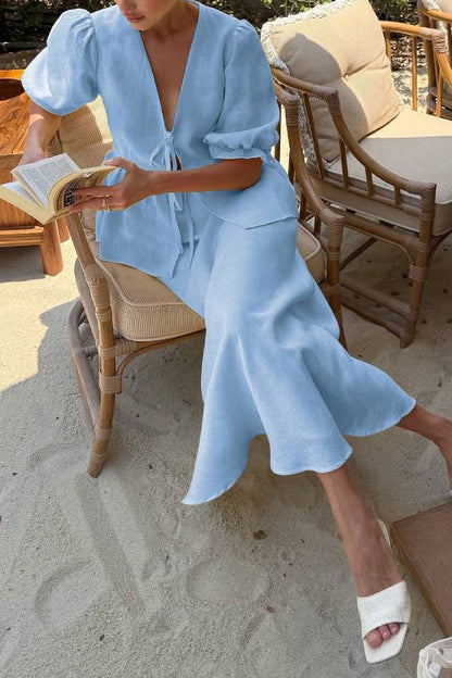 Puff Sleeve Tie-Waist Peplum Top & Mermaid Skirt Set