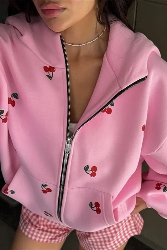Cherry Print Zip Up Hoodie
