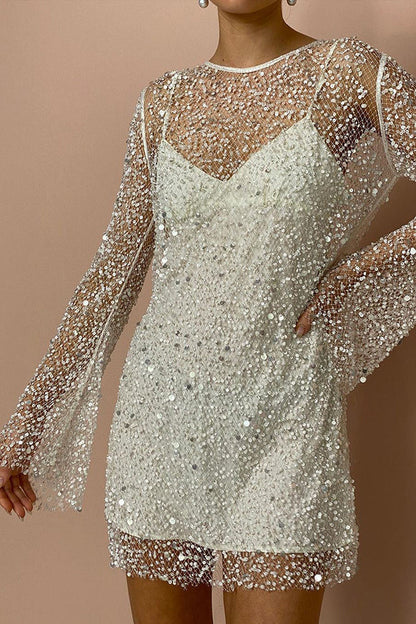 Sequin Mesh Overlay Slip Strap Bell Sleeve Mini Dress
