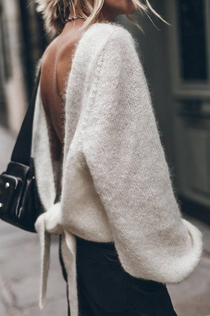 Reversible Tie‑Back Open‑Back Fuzzy Knit Sweater