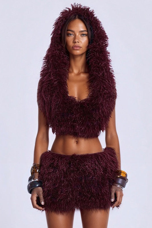 Faux Fur Hooded U Neck Backless Crop Top Mini Skirt Set