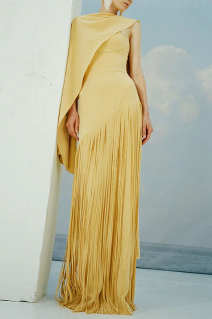 Fringe Hem Slim Fit Shawl Design Boho Dress