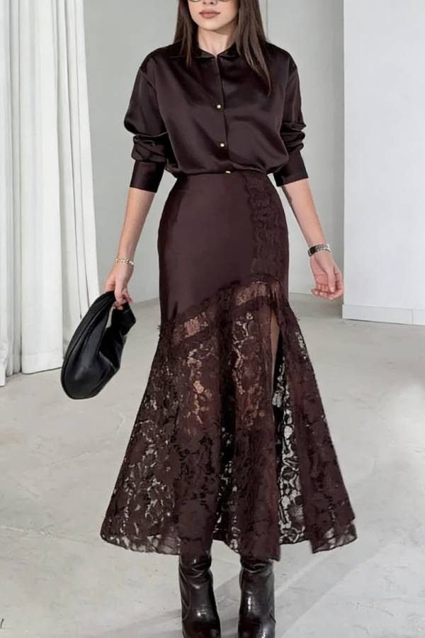 Solid Color Silk Satin Texture Single-breasted Long-sleeved Loose Shirt