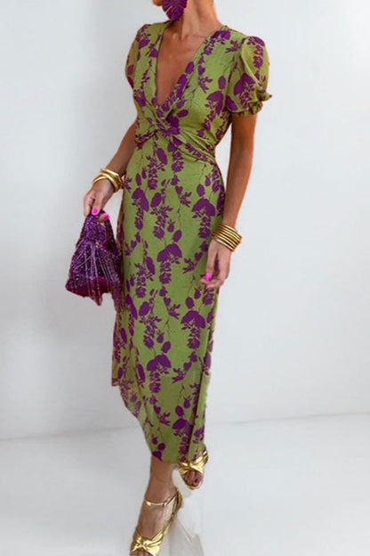 Elegant Floral V Neck Lantern Sleeve Boho Dress