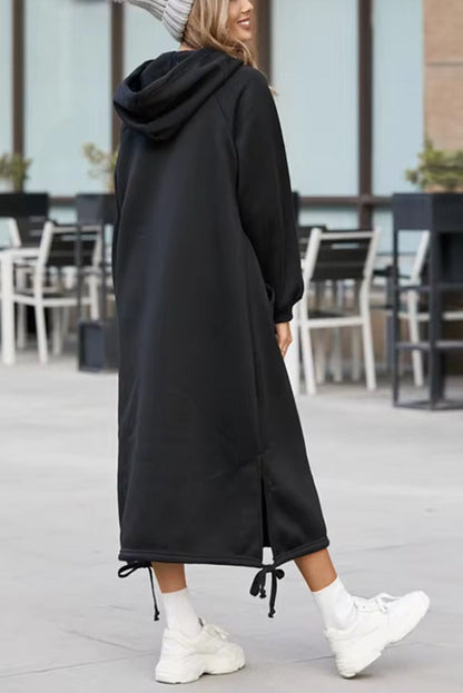 Oversized Hooded Kangaroo Pocket Drawstring Hem Side Slit Midi Sweatshirt Dress