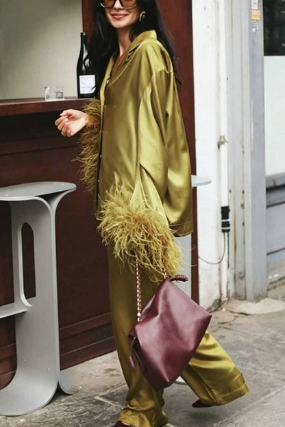 Festive Satin Feather Bell Sleeve Shirt and Elastic Waist Pocket Loose Pants Set