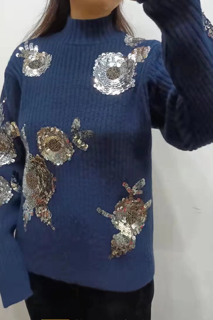 Turtleneck Loose-fitting Sequined Floral Pattern Long Sleeve Knitted Sweater