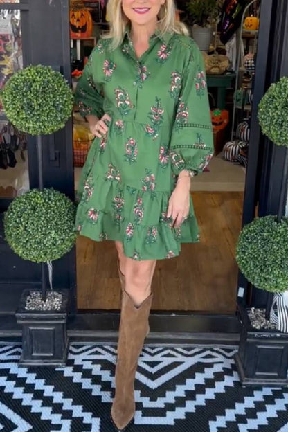 Dark Green Floral Print Collared Shirt Dress