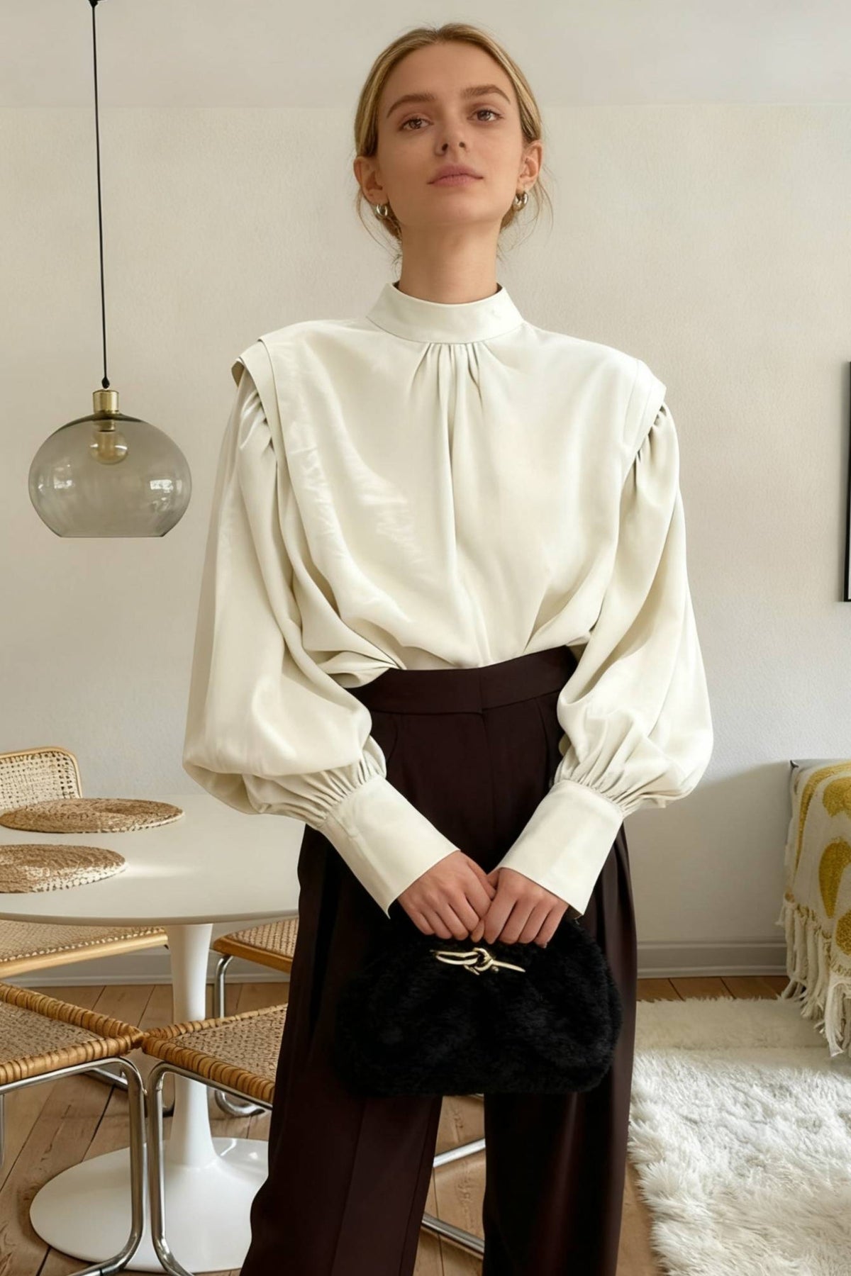 Black Lantern Sleeve Button-Up Blouse