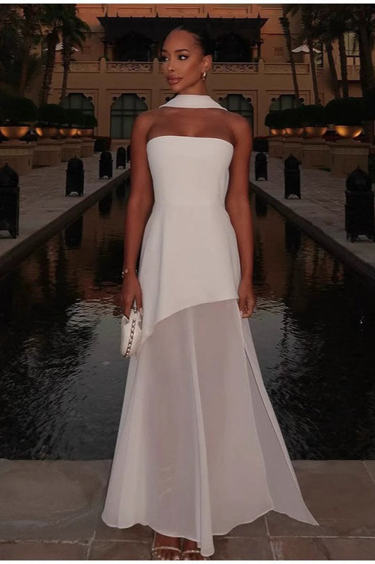 Strapless Asymmetrical Mesh Split Scarf Formal Dress