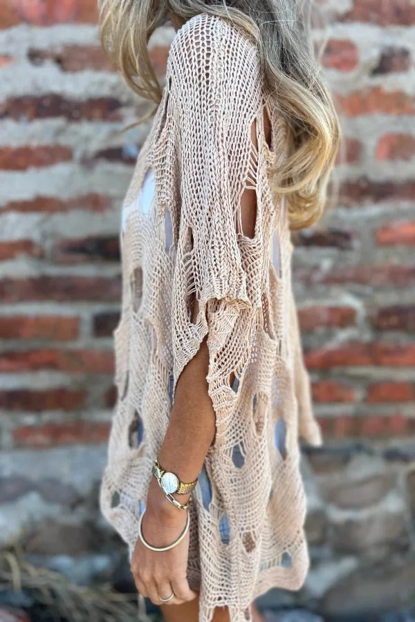 Solid Color Loose-fitting Openwork Casual Knit Top