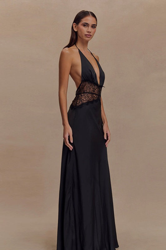 Lace V Neck Backless Cami Long Formal Dress