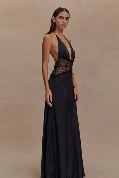Lace V Neck Backless Cami Long Formal Dress