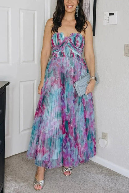 Strapless Floral Print Pleated Swing Maxi Dress