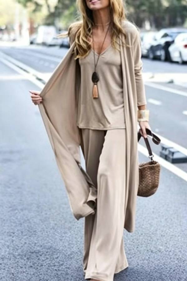 Casual Flowy 3‑Piece Set, Long Cardigan + V‑Neck Top + Wide‑Leg Pants