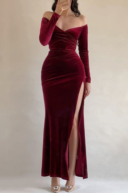 Off Shoulder High-Slit Velvet Formal Dress