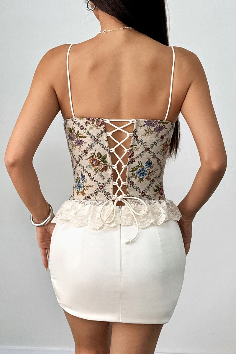 Lace Trim Patchwork Boned Corset Tank Top