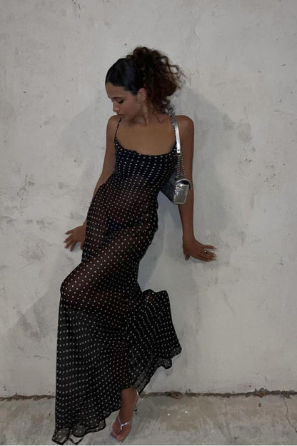 Sheer Mesh Polka Dot Cowl Neck Spaghetti Strap Bodycon Midi Dress