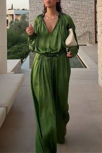 Olive Green Satin Relaxed Wide-Leg Pants Suit