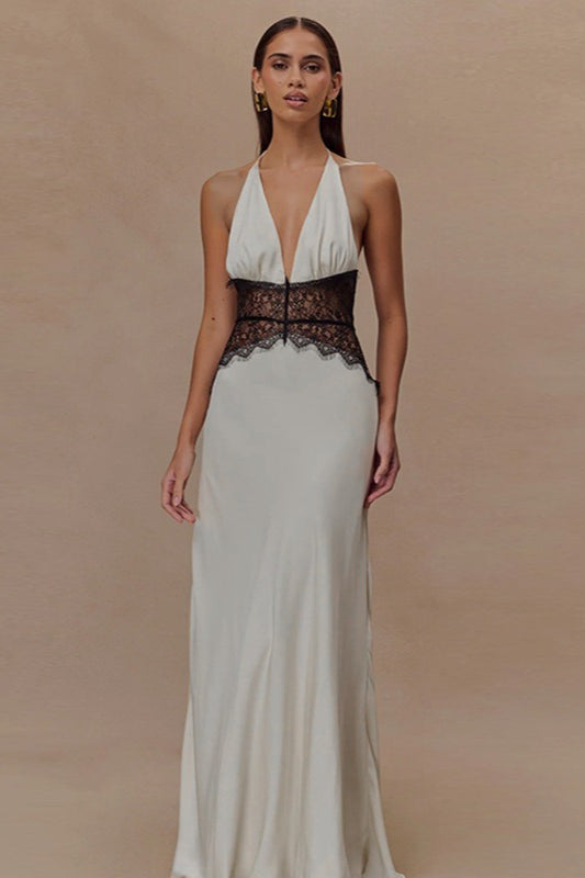 Lace V Neck Backless Cami Long Formal Dress