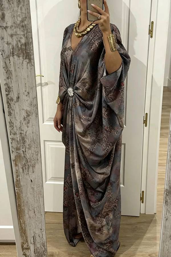Airy Satin Unique Print V-neck Gemstone Embellished Drape Robe Maxi Dress
