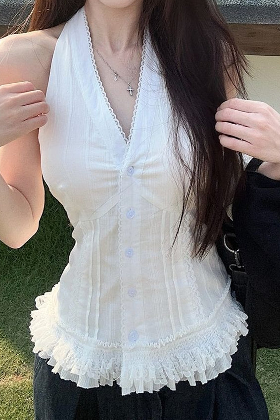 White Lace Trim V Neck Halter Waist Tie Halter Top