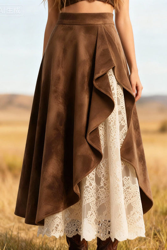 Stylish Suede and Lace Patchwork Elegant Asymmetrical Midi Skirt