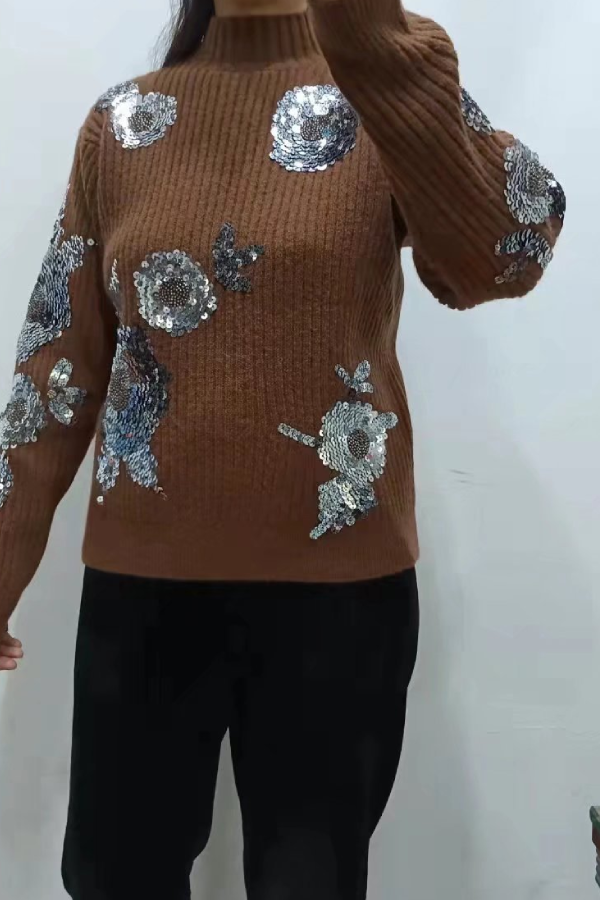 Turtleneck Loose-fitting Sequined Floral Pattern Long Sleeve Knitted Sweater